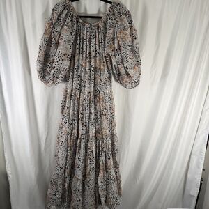 Erika Pena Maxi Dress Women M L Animal Print White Sheer Balloon Sleeve Pullover